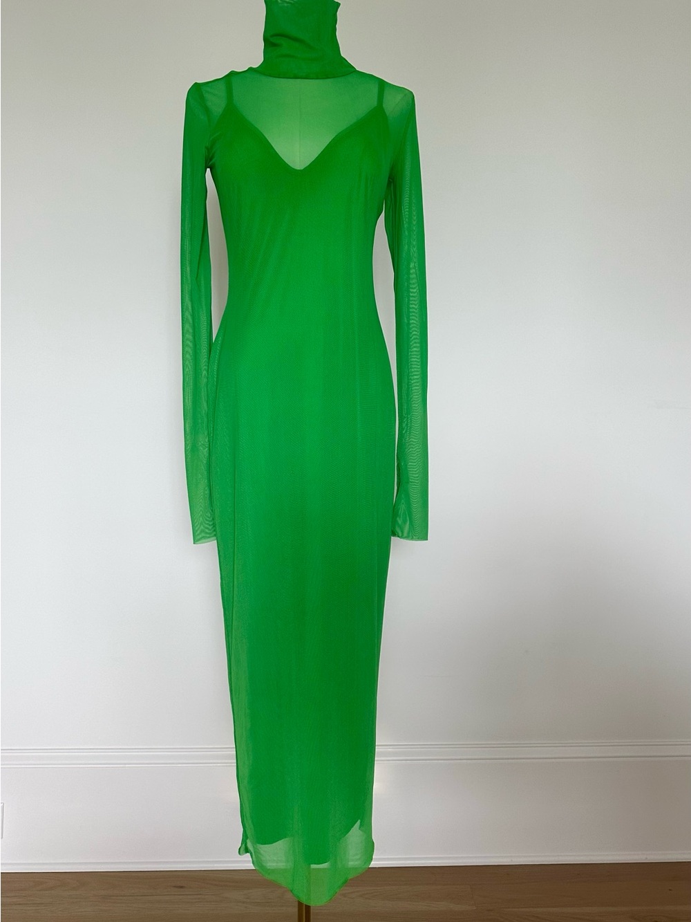 AFRM Shailene Sheer Kelly Green Turtleneck Slip Maxi Dress size S